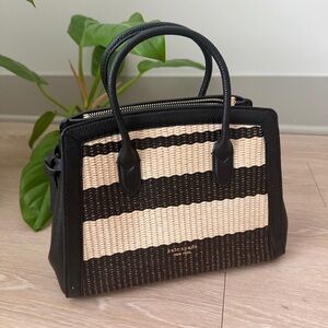 kate spade Knott Striped Straw & Leather Medium Satchel Bag — Black/Cream